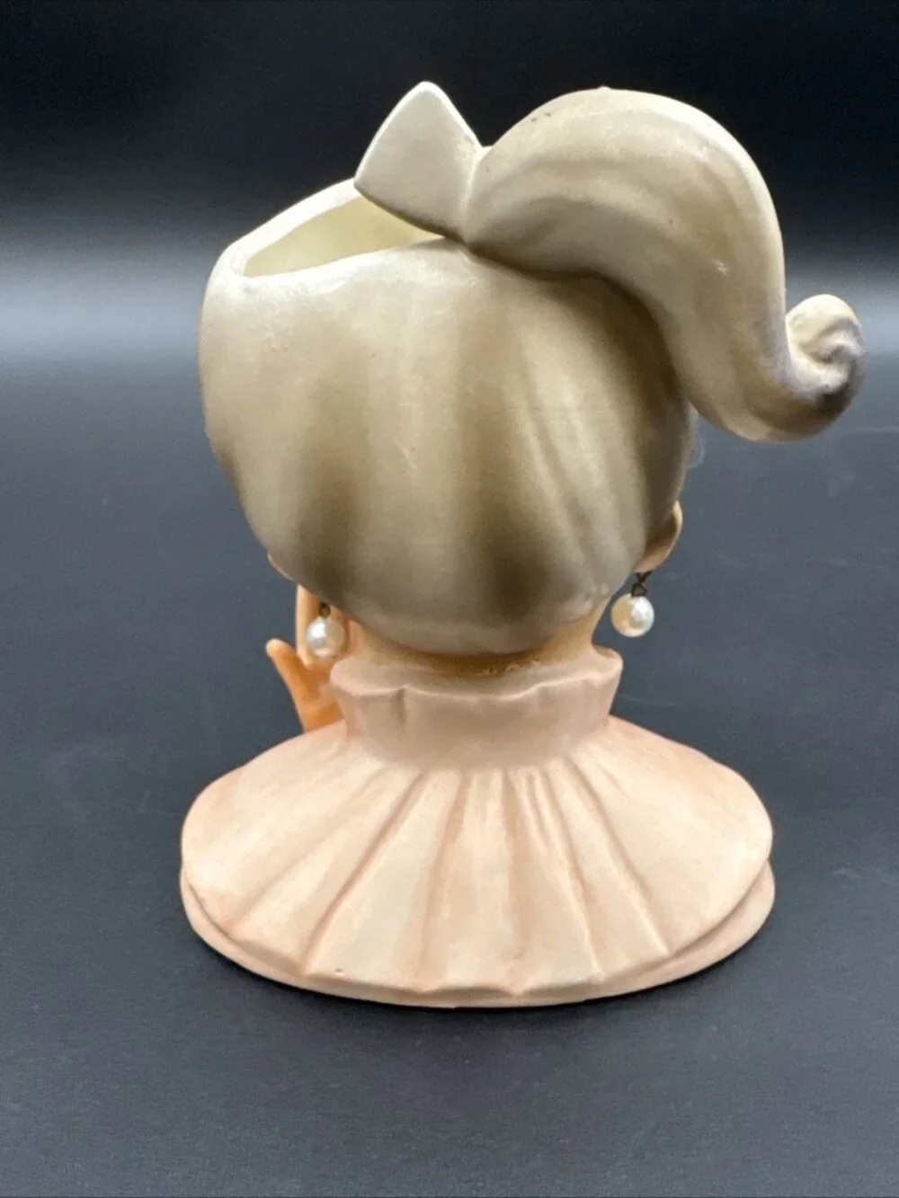 VTG 50’s Head Vase Pink Ponytail Pearl Earring Engagement Ring Bow Girl Ceramic